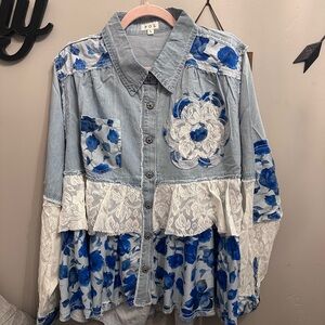 POL Blue Floral Lace Denim Shirt